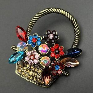 Yellow Gold with Multicolored Crystal Flower Basket Pin Back Brooch